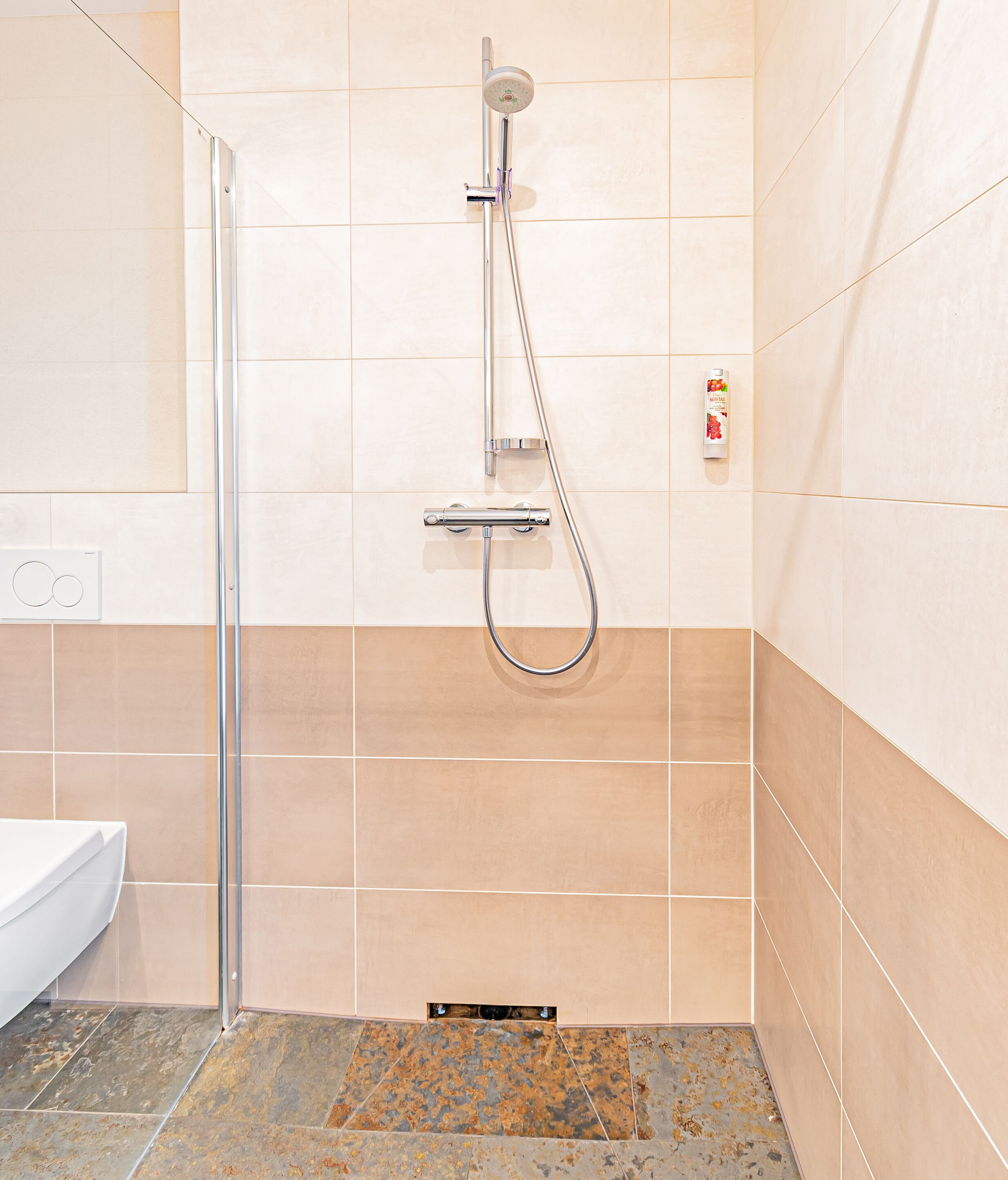 Una ducha con cabezal de ducha de mano, panel de control en la pared y un inodoro blanco.
