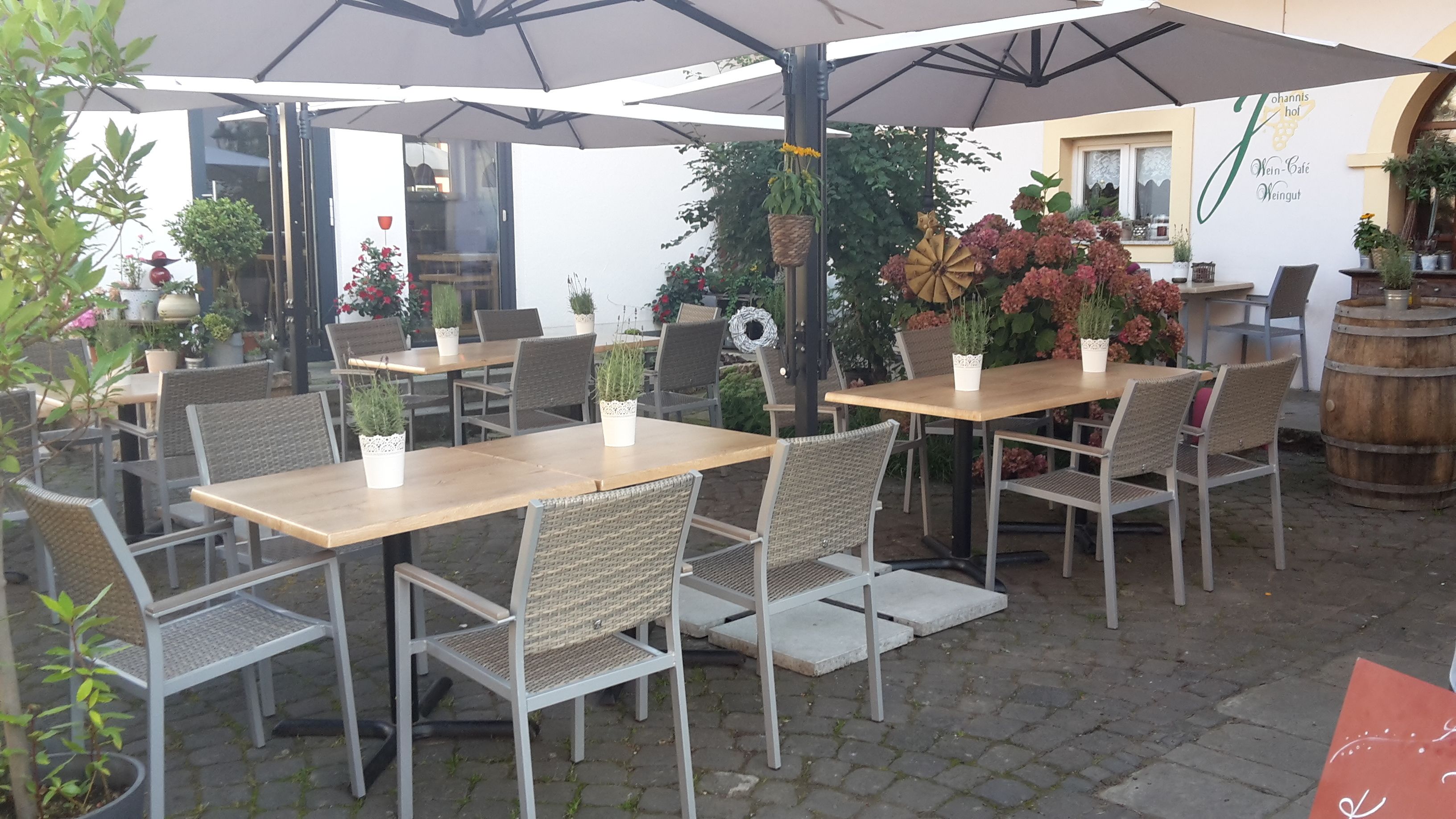 An outdoor café with tables and chairs, umbrellas, and potted plants.