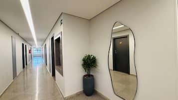 A corridor with doors, a potted plant, and a large mirror on the wall.