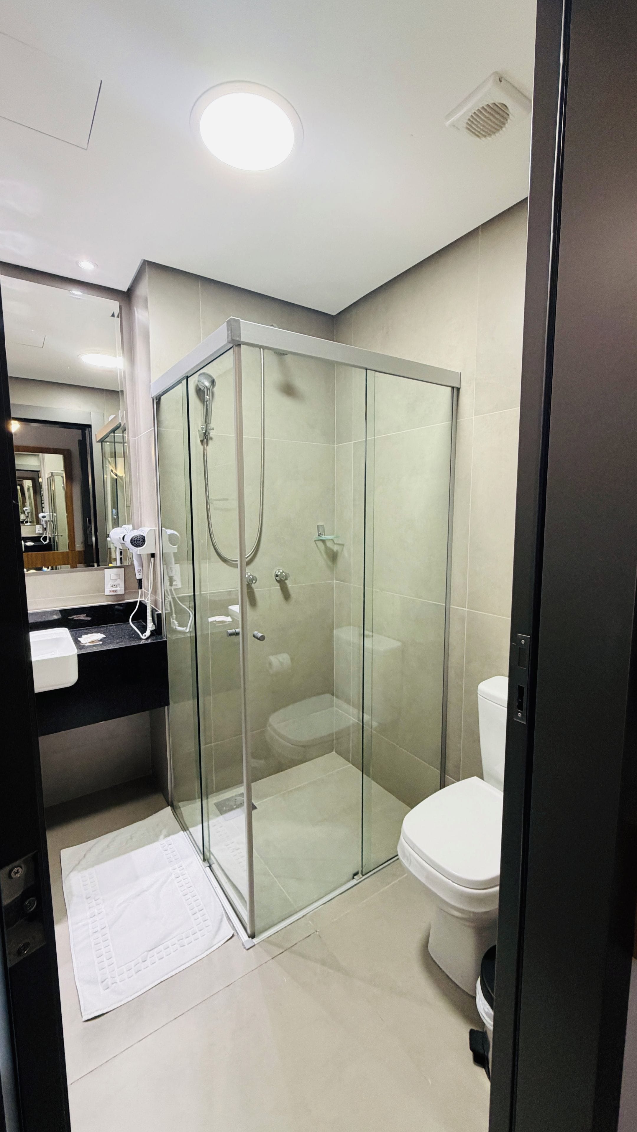 A modern bathroom with a glass-enclosed shower, a toilet, and a sink with a mirror.