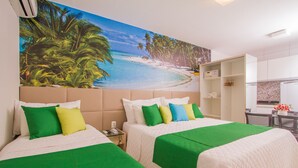 A hotel room with two beds, a large beach mural, and a minibar. - Pousada Marie Claire Flats (Ipojuca)
