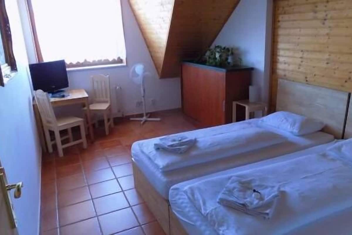Un dormitorio con dos camas, un escritorio, una silla y una mesita.