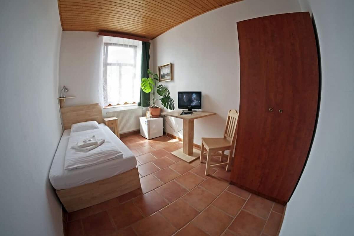Una habitación pequeña y bien iluminada con una cama, un escritorio con computadora, una silla, una planta en maceta y un armario de madera.