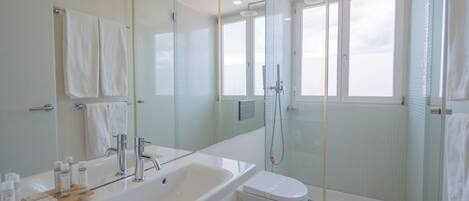 Un baño moderno con un lavabo grande de color blanco, una ducha con cerramiento de vidrio y un inodoro.
