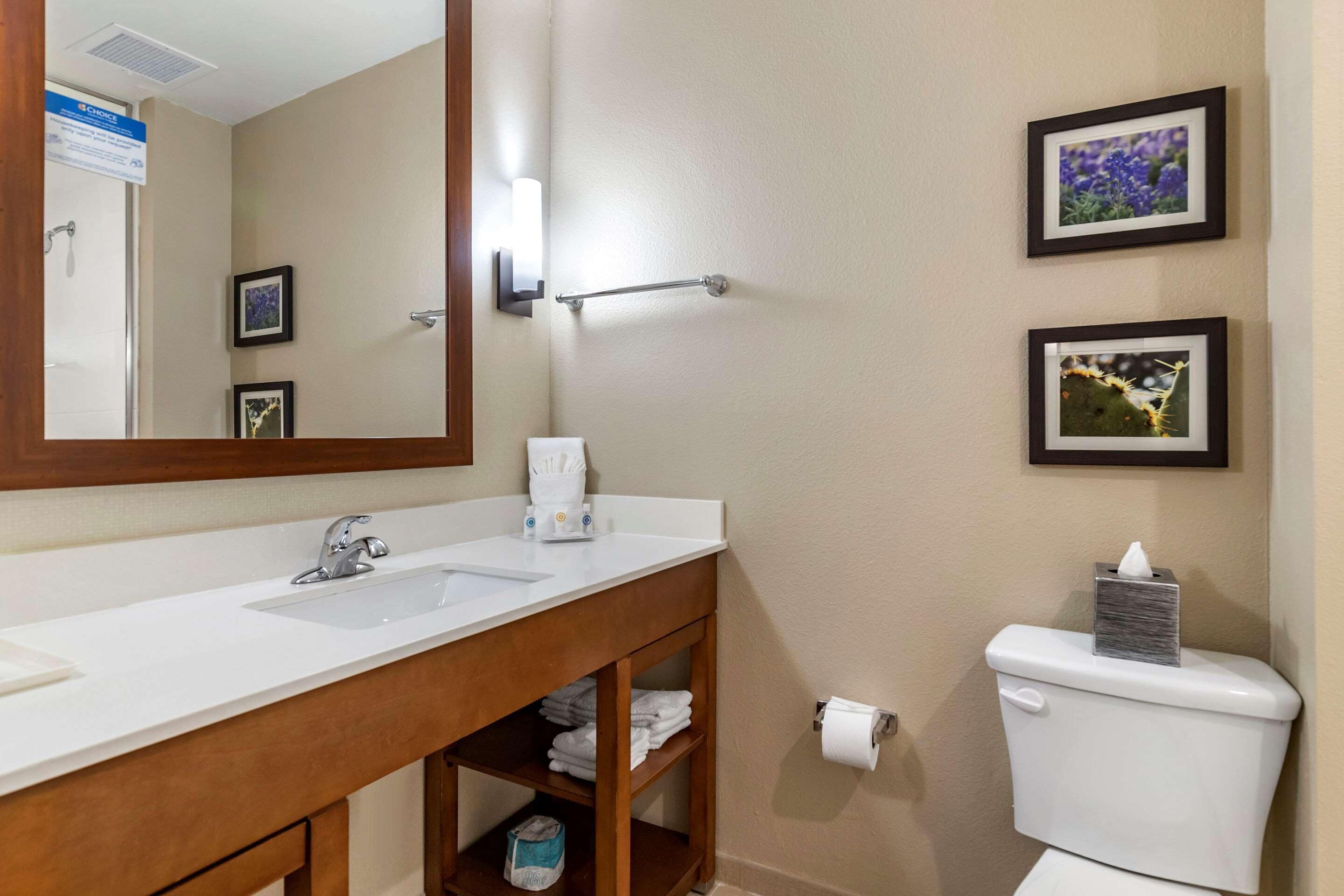 A bathroom with a white sink, wooden vanity, a mirror, a toilet, and framed pictures on the wall.