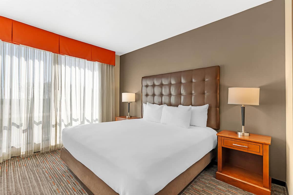 Habitación de hotel con una cama grande, dos mesitas de noche con lámparas, un ventanal con cortinas y suelo cubierto de alfombra.