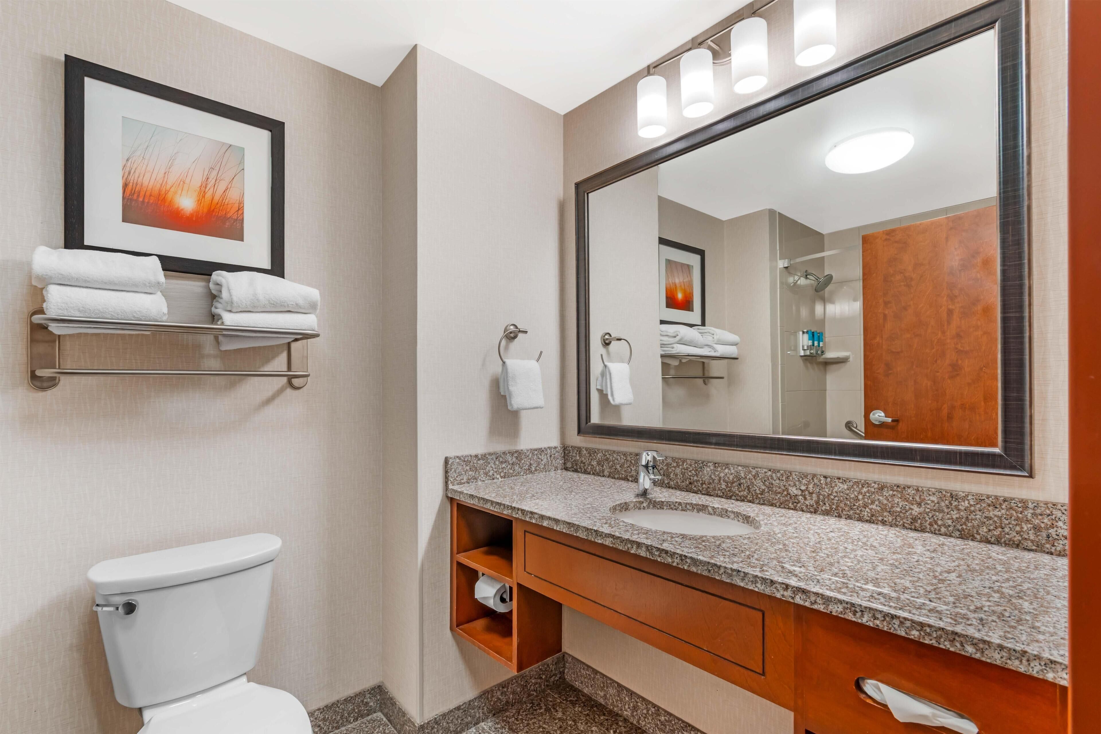 Combined shower/tub, free toiletries, hair dryer, towels
