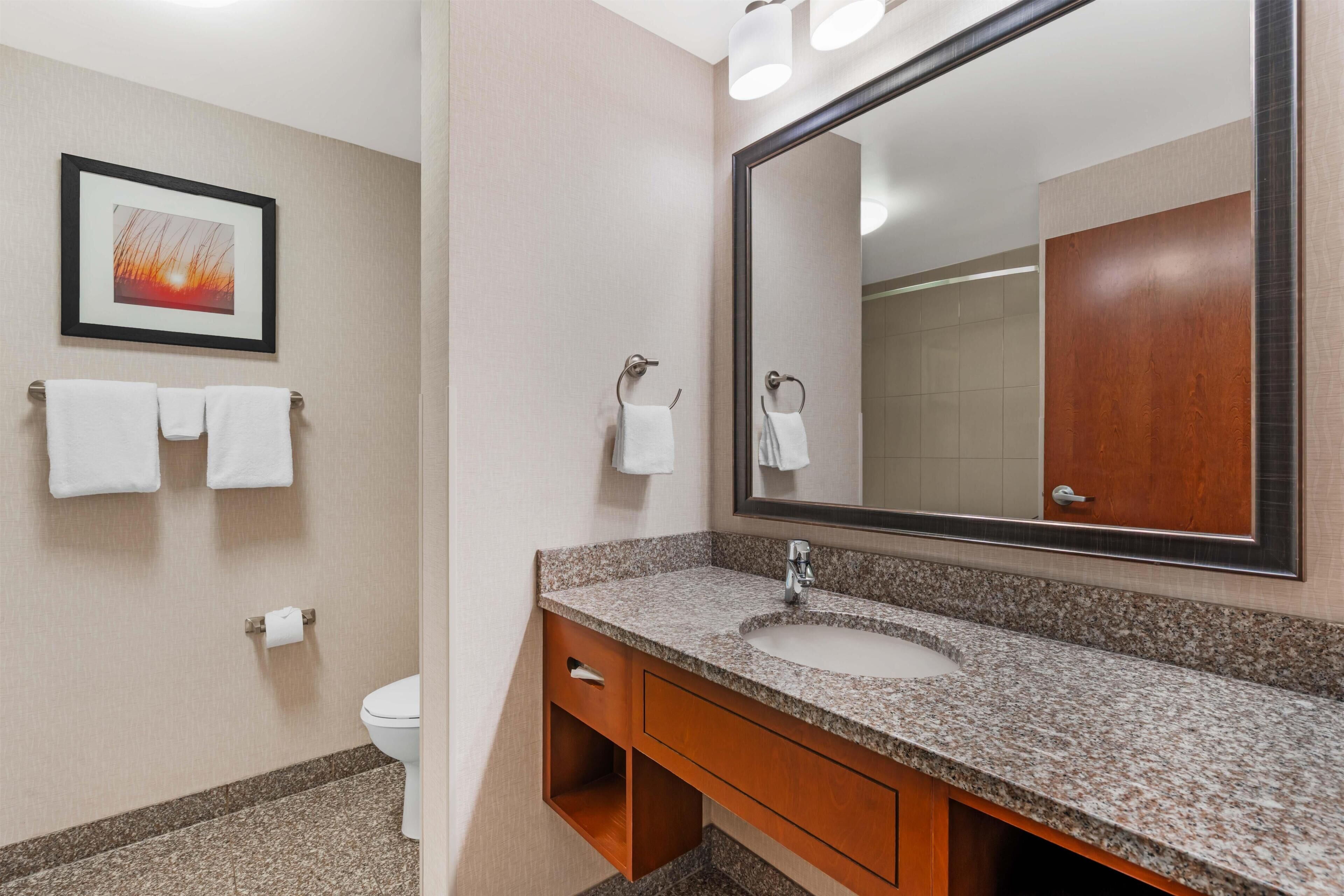 A bathroom with a sink, mirror, towel rack, and toilet.