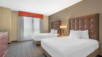 Desk, laptop workspace, blackout drapes, iron/ironing board