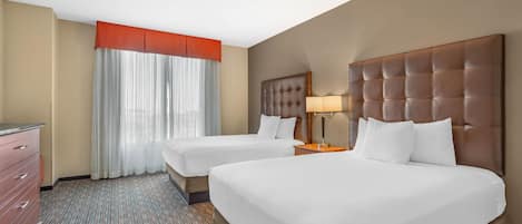 Desk, laptop workspace, blackout drapes, iron/ironing board