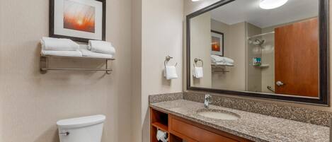 Un baño de hotel con inodoro, lavamanos, tocador y un espejo grande.