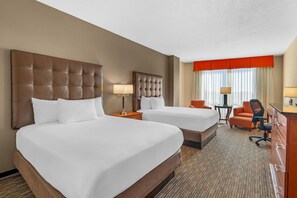 Desk, laptop workspace, blackout drapes, iron/ironing board