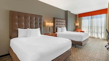 Desk, laptop workspace, blackout drapes, iron/ironing board