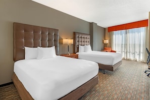 Desk, laptop workspace, blackout drapes, iron/ironing board