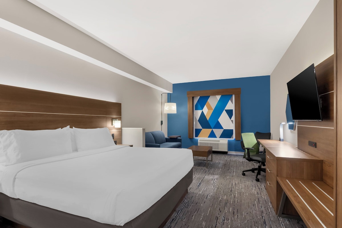 Une chambre d’hôtel avec un grand lit, un bureau avec une chaise, une télévision et un élément décoratif mural.