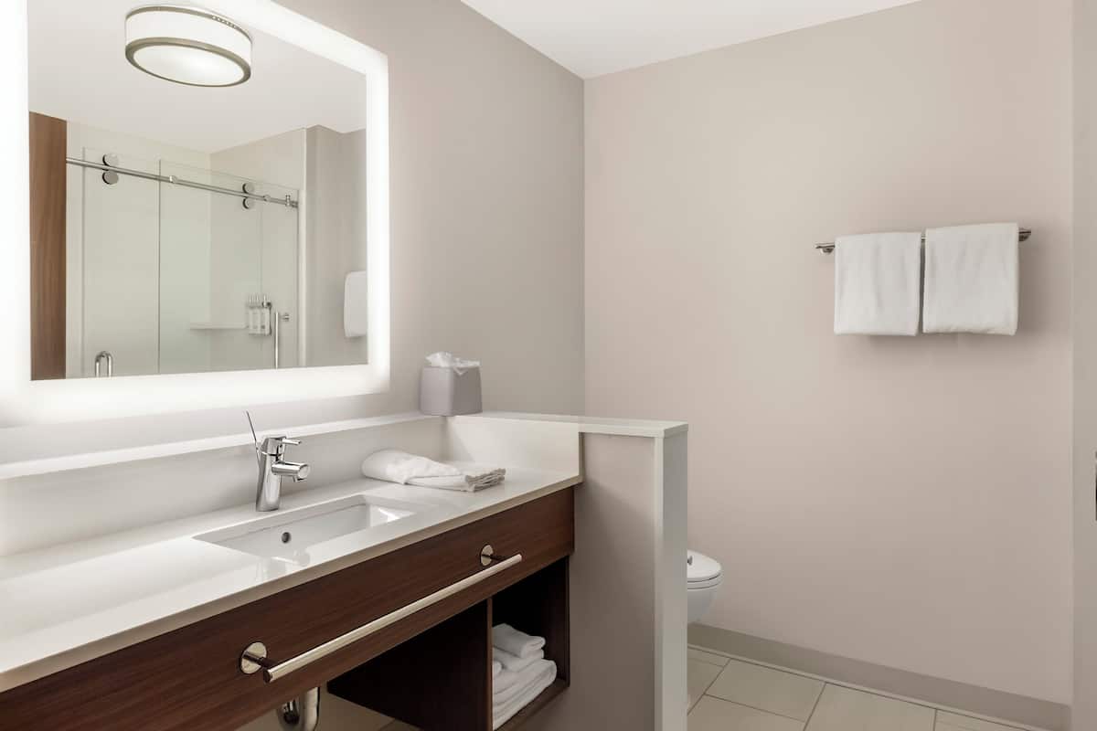 A modern bathroom with a large mirror, two sinks, a towel rack, and a toilet.