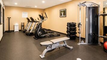 A fitness center with treadmills, a bench, dumbbells, and a weight machine.