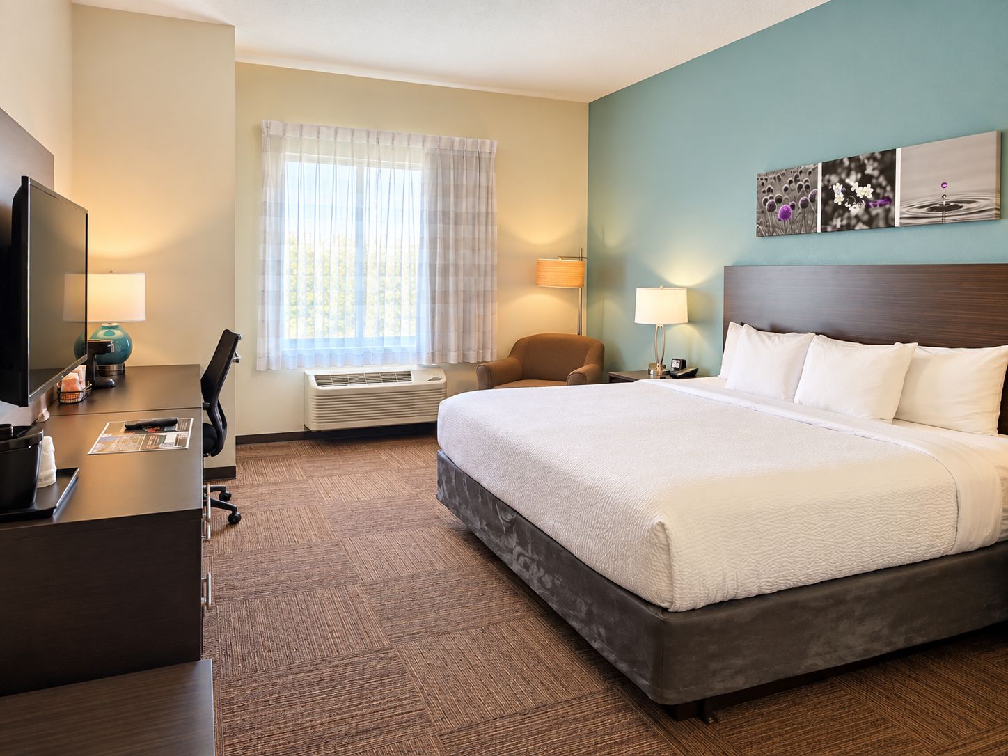 A hotel room with a bed, desk, chair, television, air conditioning unit, and artwork on the wall.