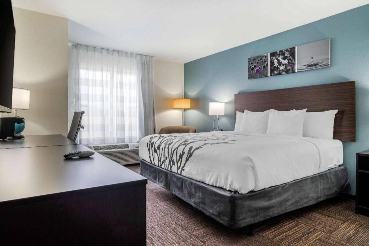A hotel room with a bed, desk, chair, lamps, and artwork on the wall.