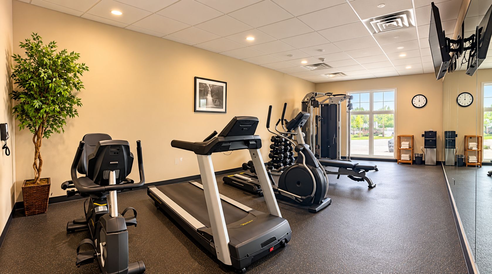 A gym with treadmills, a stationary bike, and weight machines.