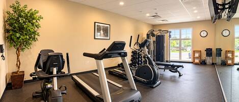 A gym with treadmills, a stationary bike, and weight machines.