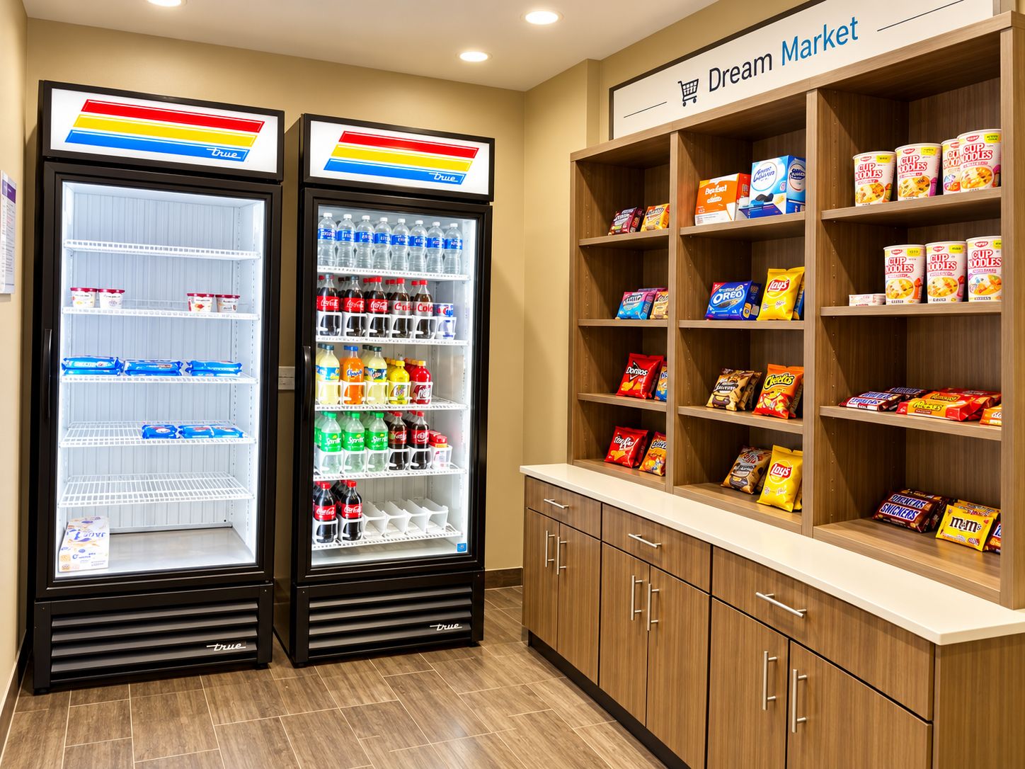 Two beverage dispensers, a snack shelf, and a cabinet with drawers.