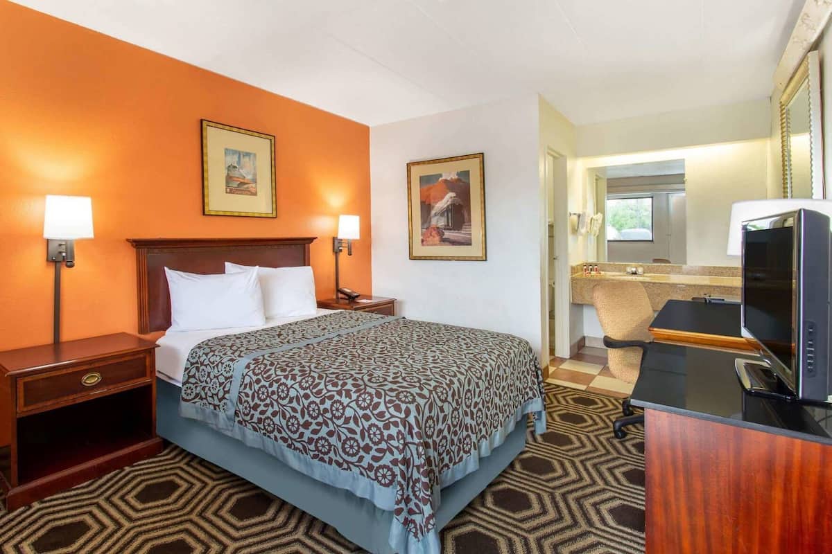 Habitación de hotel con cama, dos lámparas de noche, televisión, baño con lavabo y espejo, y dos cuadros en la pared.