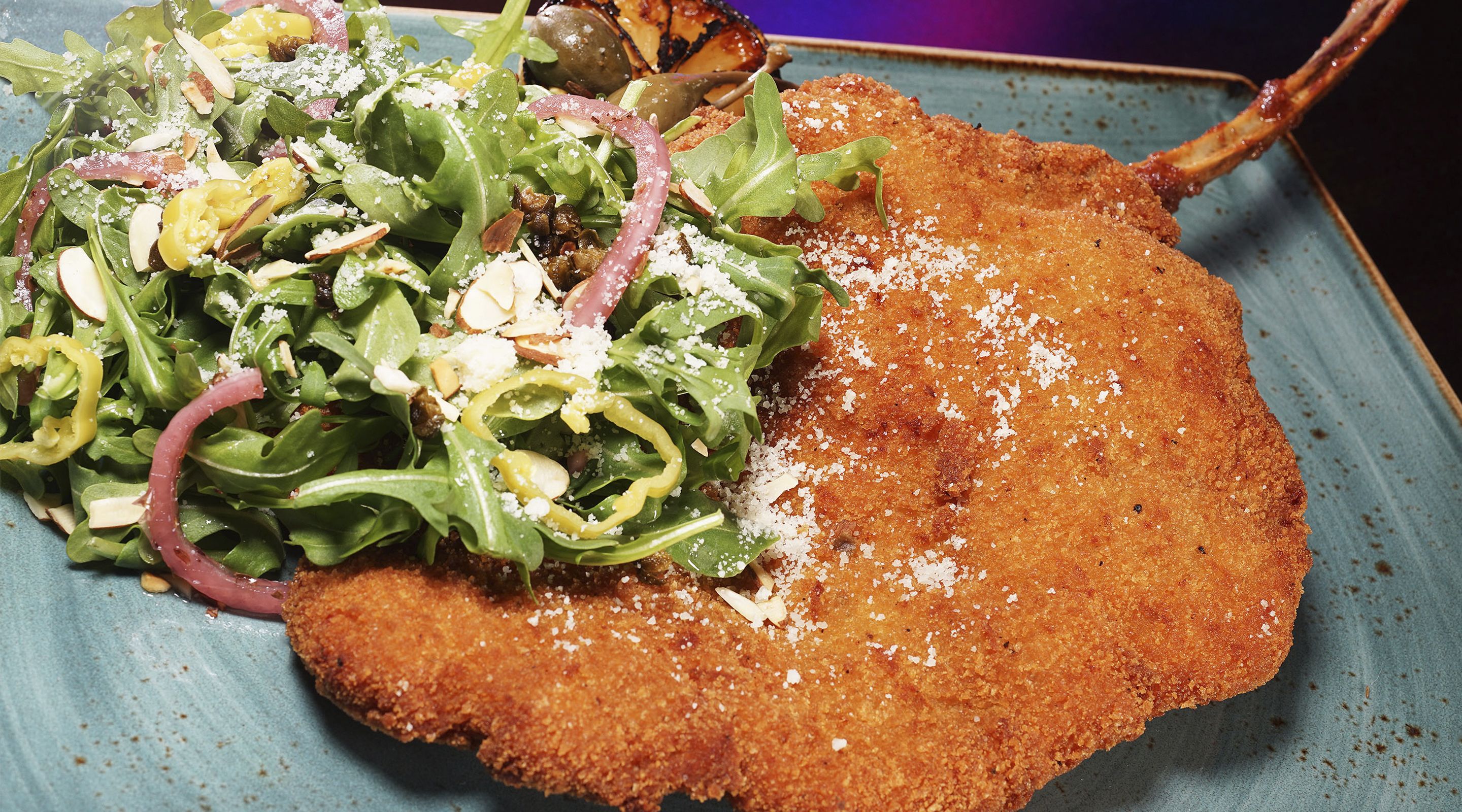 A plated dish with a breaded item and a salad.