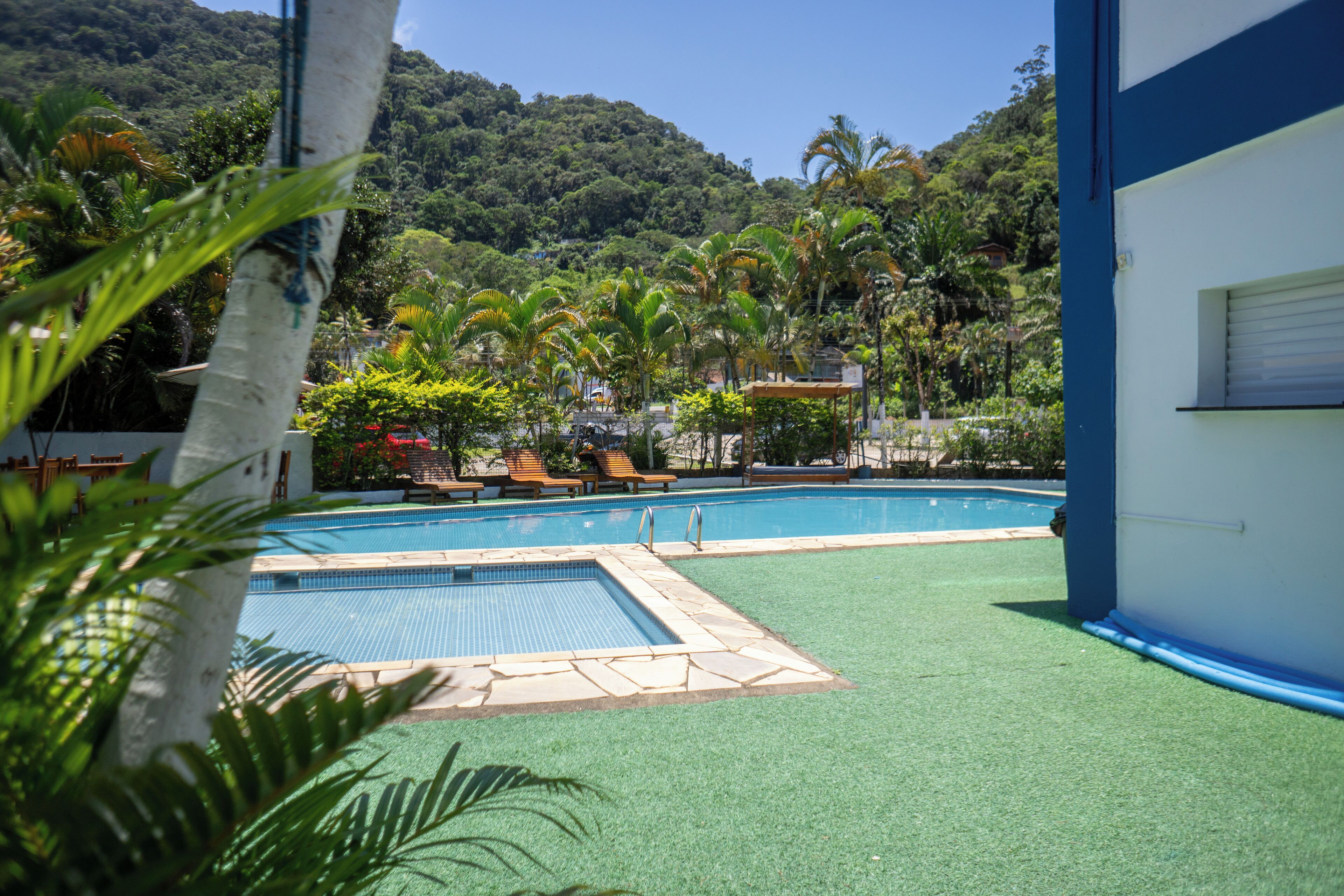 A swimming pool with a green artificial turf area, surrounded by palm trees and a mountain backdrop.
