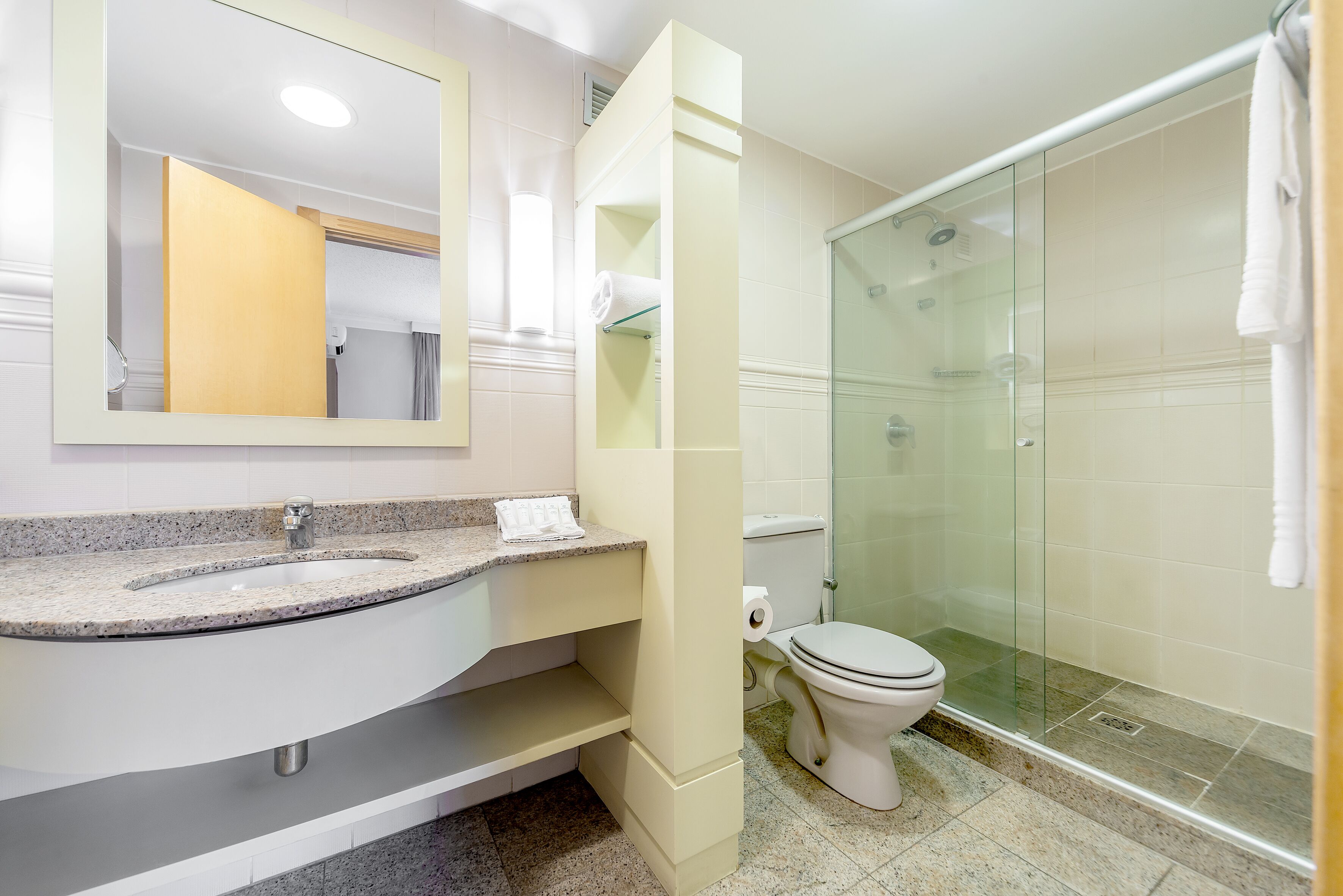 shower, eco-friendly toiletries, hair dryer, towels