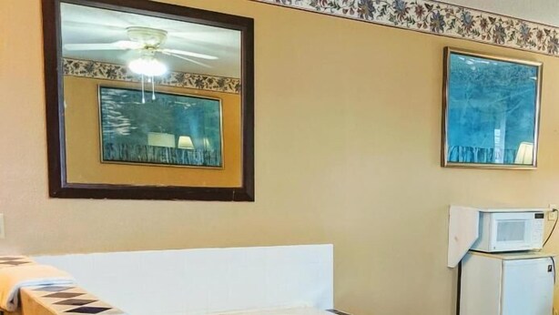 A bathroom with a large bathtub, a sink, and a microwave. - Executive Inn Thomson (Thomson)