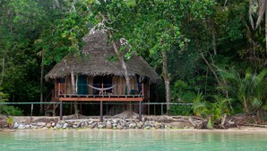 Une cabane à toit de chaume dotée d’une terrasse en bois, entourée d’une végétation luxuriante et bordée d’une étendue d’eau calme.