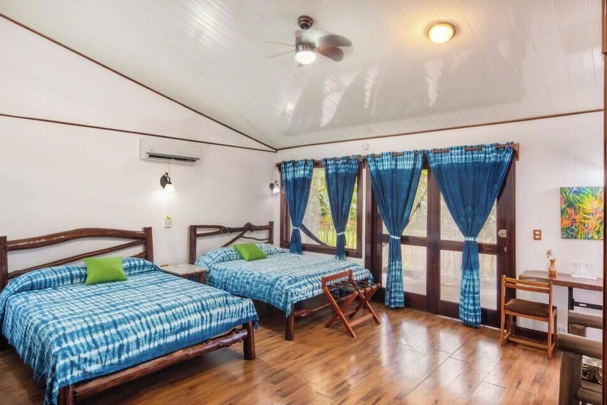 A room with two beds, a ceiling fan, a desk, and a window with curtains.