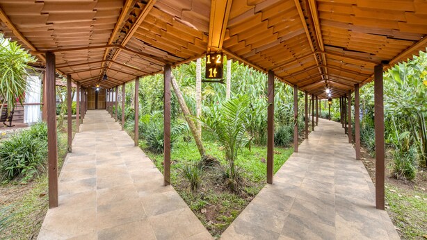 Uma galeria coberta com piso de azulejos, cercada por vegetação e estrutura de teto em madeira.
