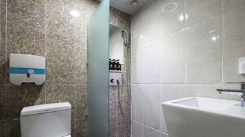 A bathroom with a toilet, a sink, and a shower.