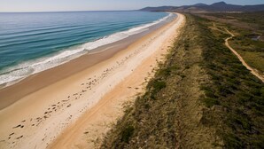 A coastal landscape with a sandy beach, a dirt path, and distant mountains. - Scamander Sanctuary Holiday Park (Scamander)