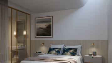 A modern bedroom with a large bed, bedside tables, a mirror, and a painting on the wall.