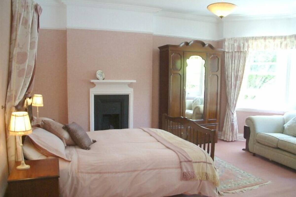 Une chambre à coucher avec un lit, une commode, un miroir, une cheminée et une fenêtre avec des rideaux.