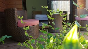 Una silla de mimbre con un cojín rojo, una cesta de mimbre y una planta de hojas verdes sobre una terraza de madera.