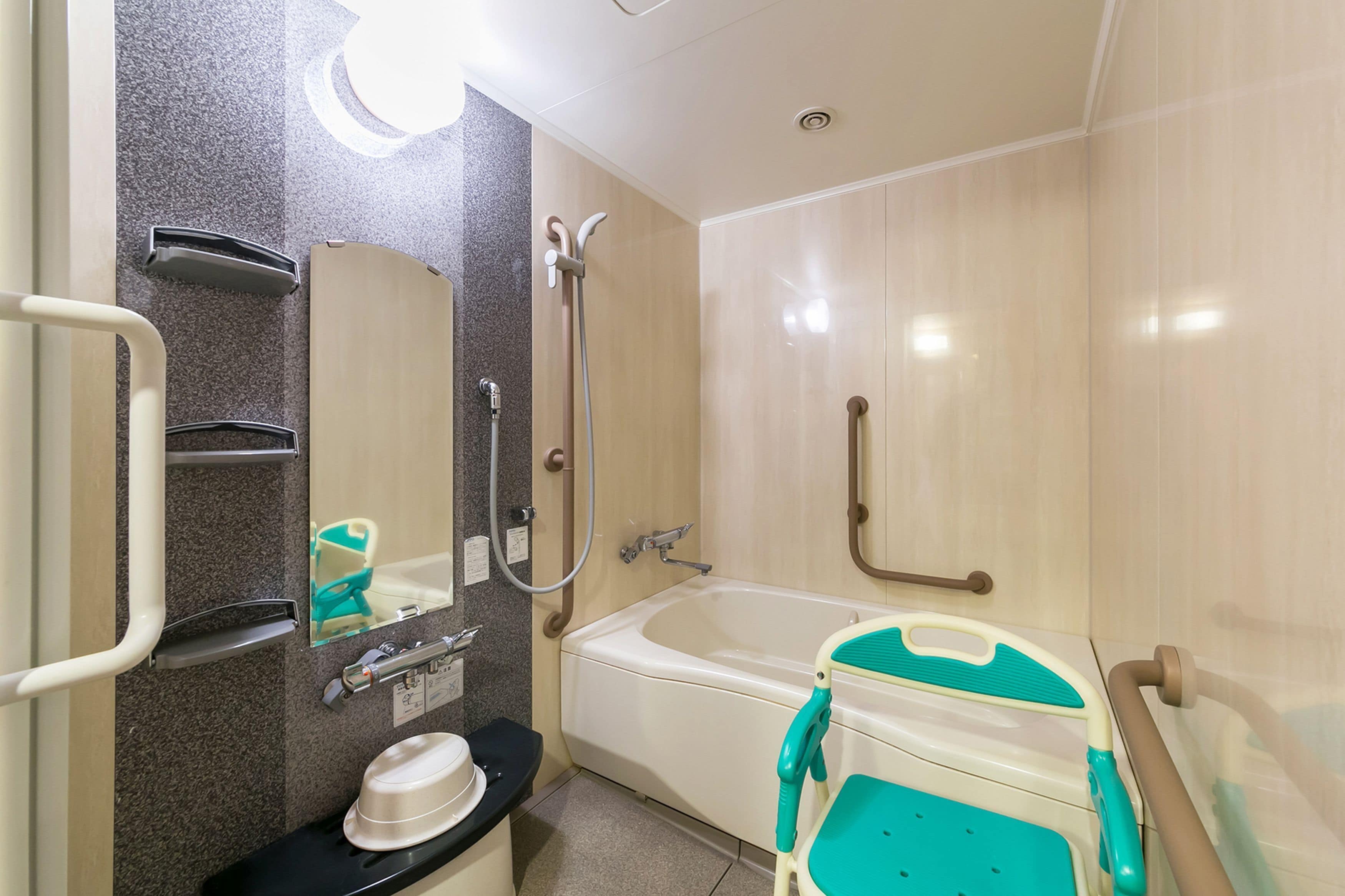 A bathroom with a bathtub, a shower, a toilet, a sink, and a mirror. There are grab bars and a wheelchair-accessible bench.