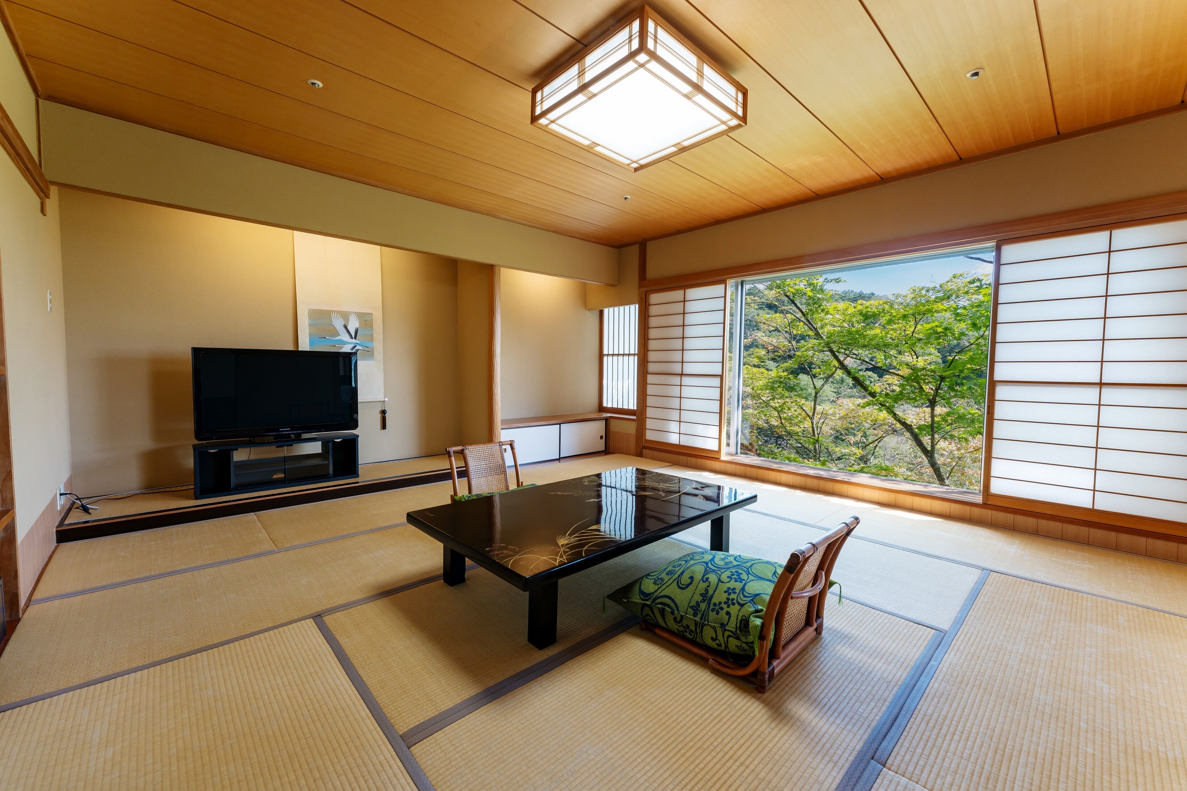 A traditional Japanese room with tatami flooring, a low table, a television, and a view of trees through shoji screens.