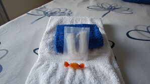 Ein weißes Handtuch mit einem blauen Handtuch und einer transparenten Plastiktüte darauf.