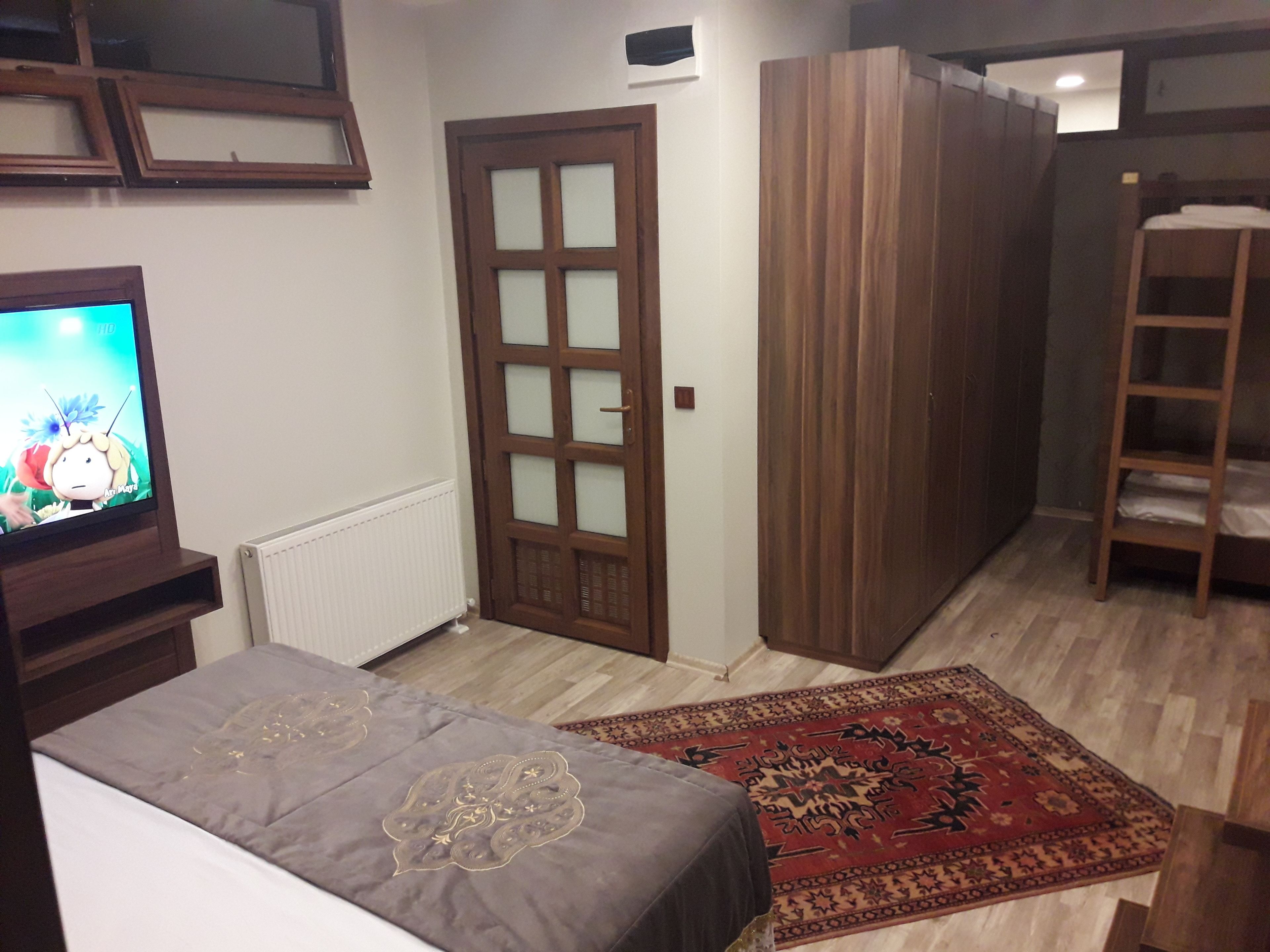 Un dormitorio con cama, televisor, armario y puerta.