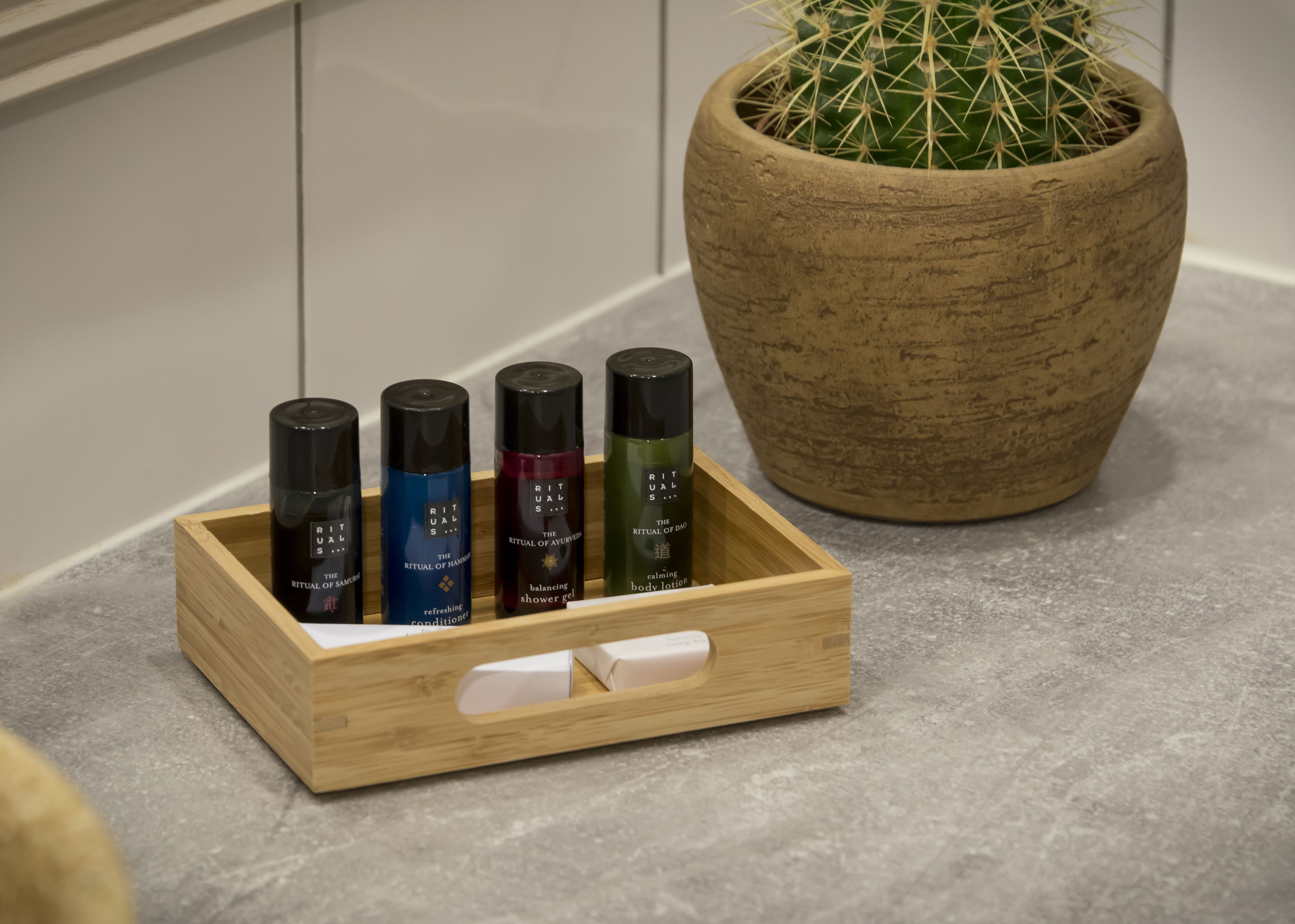 Ein Holztablett mit vier Flaschen von Rituals Körperlotion auf einer Arbeitsplatte neben einem Topf mit einem Kaktus.