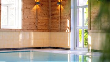 Indoor pool, outdoor pool, pool umbrellas, sun loungers