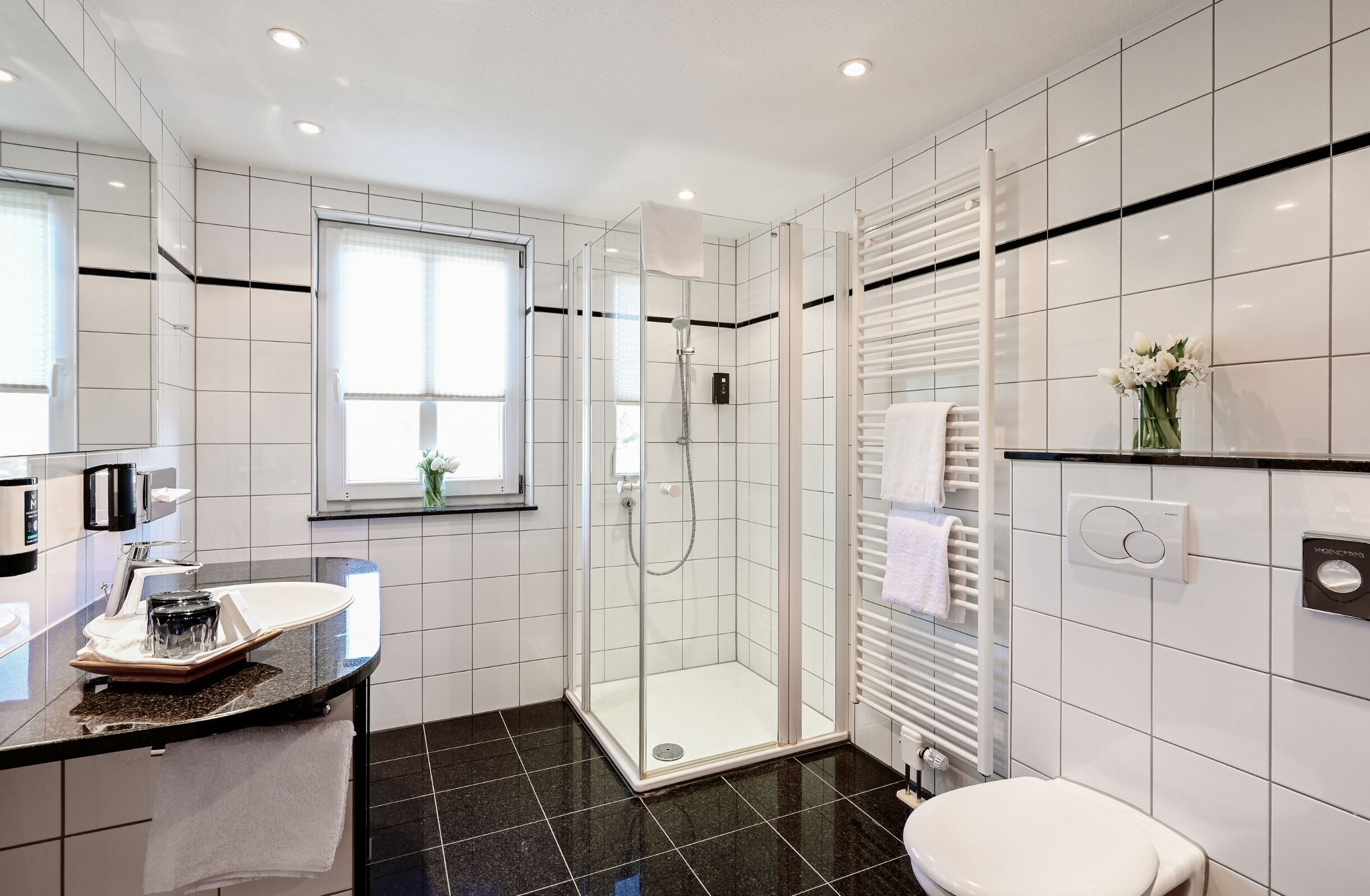 Une salle de bain moderne avec une douche à parois de verre, des toilettes et un meuble-lavabo doté d’un porte-serviettes.