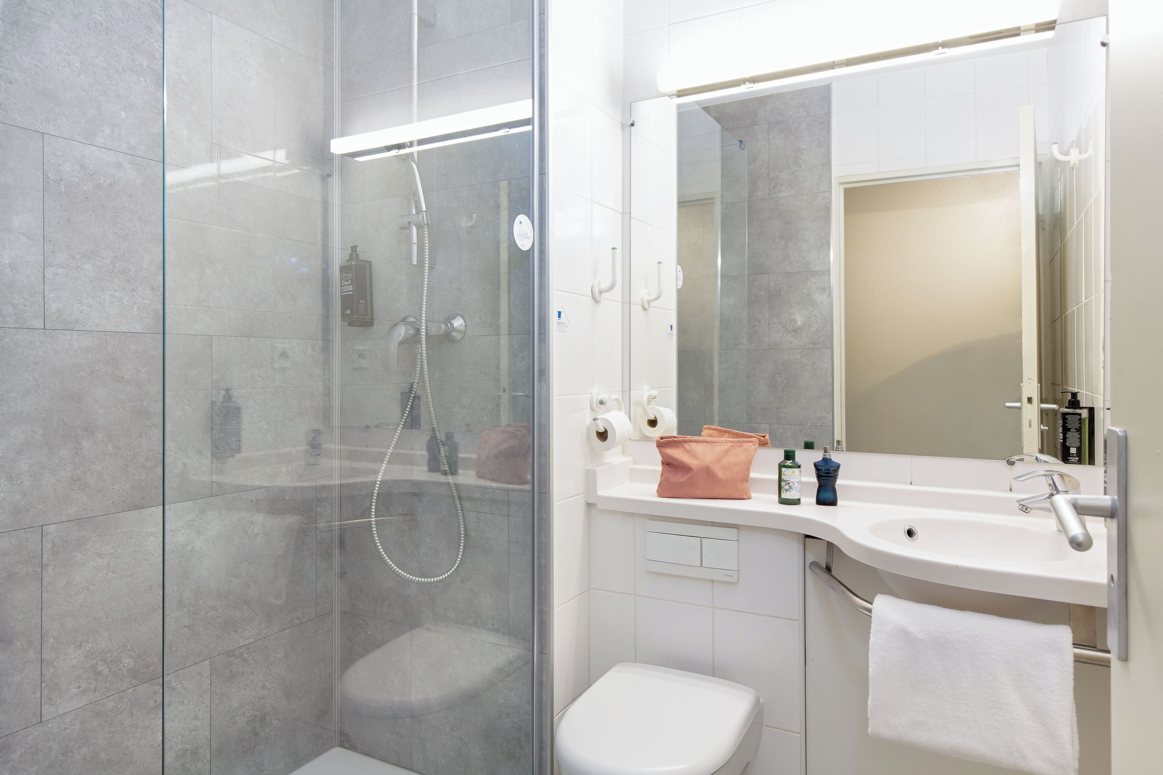 Ein modernes Badezimmer mit einer gläsernen Duschkabine, einer weißen Toilette und einem Waschbecken mit Spiegel darüber.