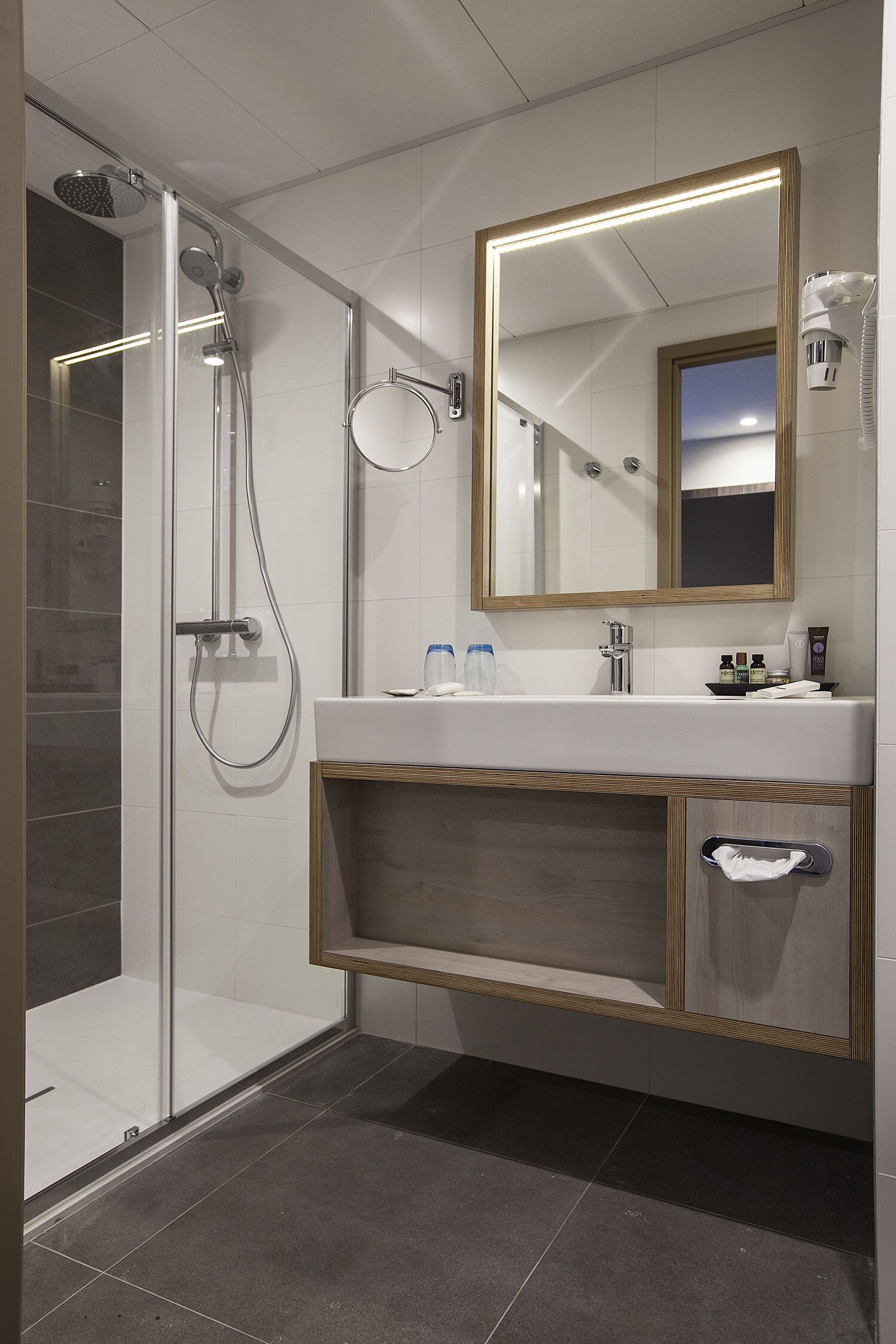 shower, eco-friendly toiletries, hair dryer, towels