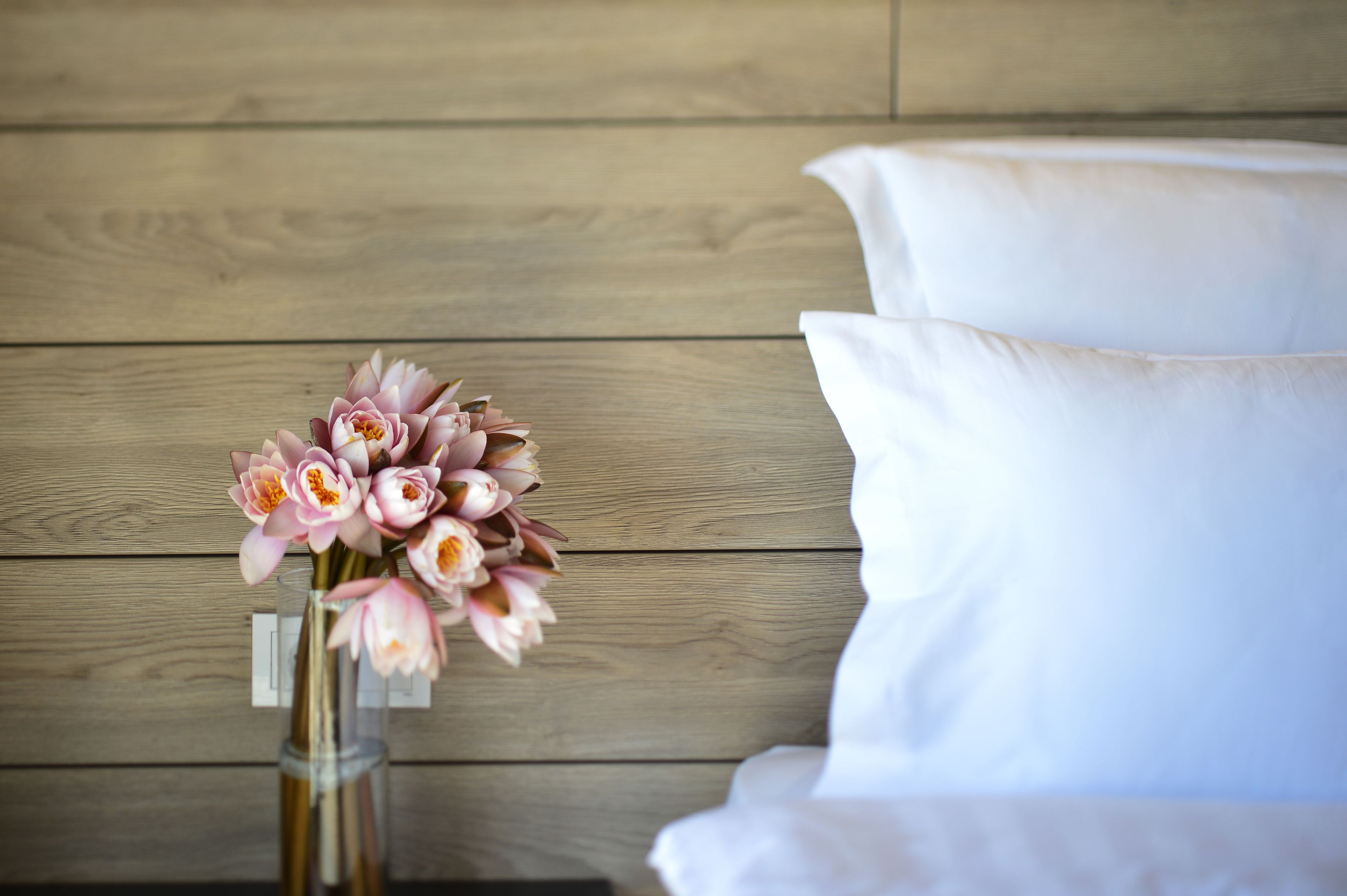 A wooden wall and a white sofa.