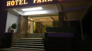 The exterior of Hotel Park Green with illuminated signage, a set of stairs leading to the entrance, and a potted plant on the left. - Hotel Park Green (Poti)